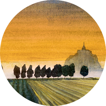 Ochtendmist bij Mont Saint-Michel | Aquarel schilderij van WatercolorWall