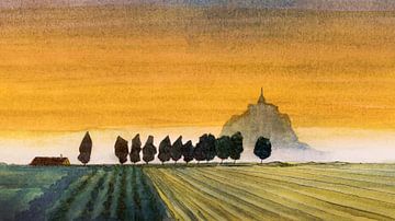 Morgennebel am Mont Saint-Michel | Aquarellmalerei von WatercolorWall