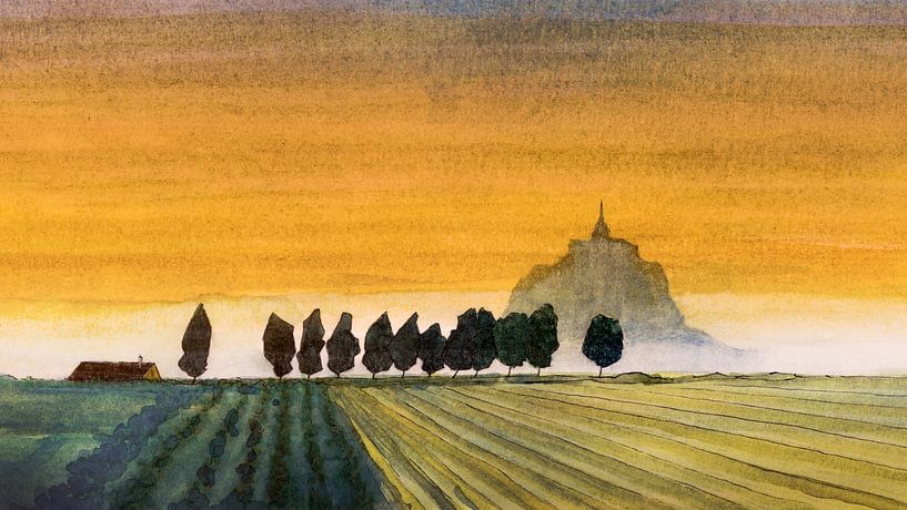 Morning mist at Mont Saint-Michel | Watercolour painting by WatercolorWall