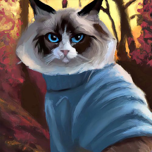Portret van een mooie ragdoll kat met blauwe ogen en blauwe trui