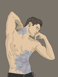 Männliche Figur-Strichzeichnung Wandkunst | Moderne maskuline Körperillustration | Aquarell | Zeitgenössische Wohnraumdekoration von Chrz - AquaPixelFusion