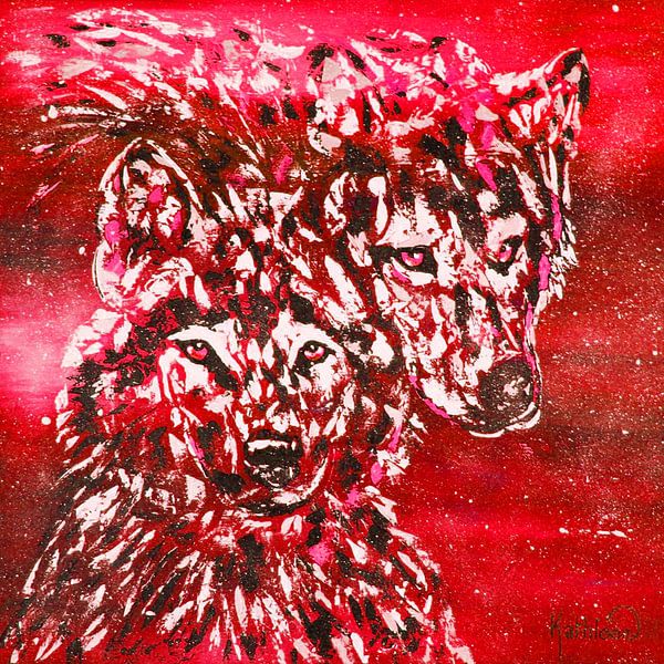 Rode winterwolf van Kathleen Artist Fine Art