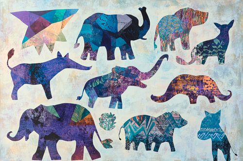 Kleurrijke dierenmotieven in collagestijl
