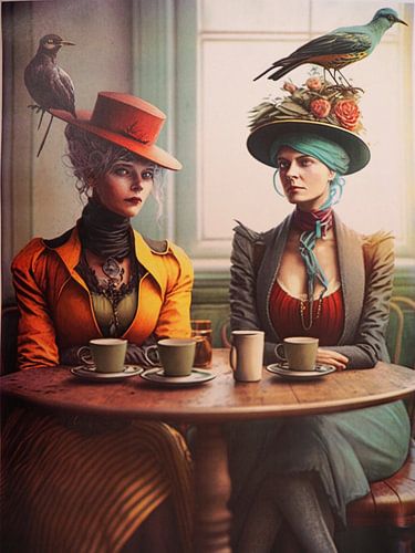 Surrealistische twee vrouwen Victoriaanse koffie