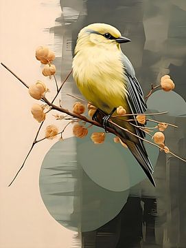 Vogel schilderij met lenteachtige groen gele kleur van PixelPrestige