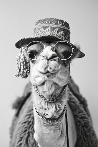 Black And White Portrait Of A Camel With Hat And Glasses