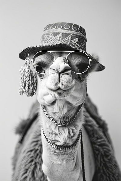 Black And White Portrait Of A Camel With Hat And Glasses by Poster Art Shop