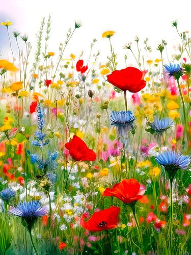 Zomer! Bloemenveld met klaprozen en korenbloemen