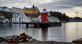 Panorama of the harbour of Ålesund with the lighthouse of Molja, Norway by qtx