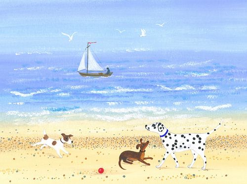 Hondje speelt op het strand