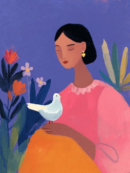 Kleurrijk portret Vrouw met vogel van Studio Allee