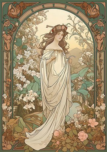 Vrouw in weelderige tuin, stijl Alphonse Mucha