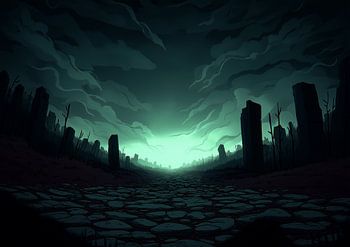 Dark Fantasy Valley with Glowing Green Sky and Ruins