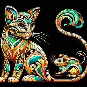 Art Deco abstract cat and mouse. by Ineke de Rijk