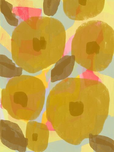 Abstract botanisch. Boho bloemen in oker, donker goud, geel, blauw en roze.