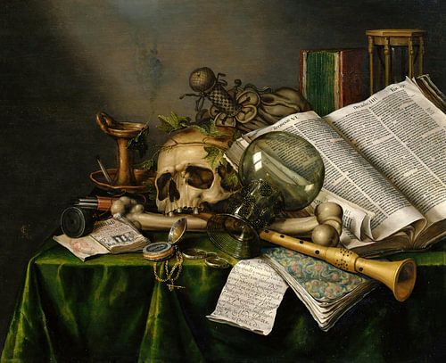 Vanitas - Stilleven met boeken en manuscripten en een schedel, Edwaert Collier