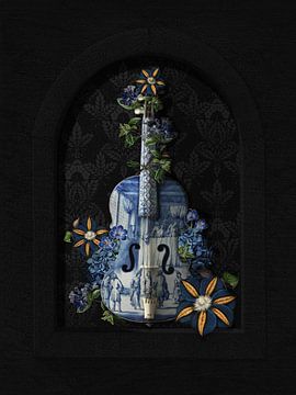 Delft blue violin, Rijksmuseum processed with flowers in modern still life by Mijke Konijn