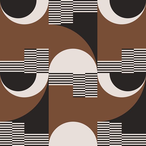 Retro Circles, Stripes in Brown, White, Black. Modern abstract geometric art no. 5 by Dina Dankers