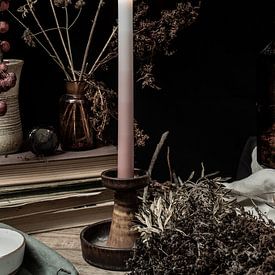 Hope | candle and dry flowers on the table | fine art still life color photography | print wall art by Nicole Colijn