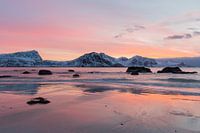 Sunset on Haukland Beach. Lofoten, Norway.