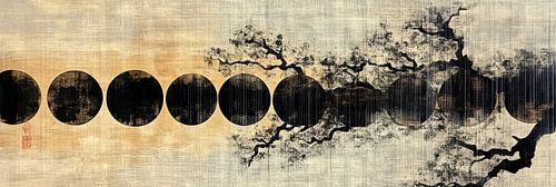 Inktcirkels en boomstructuren in balans Japandi panorama