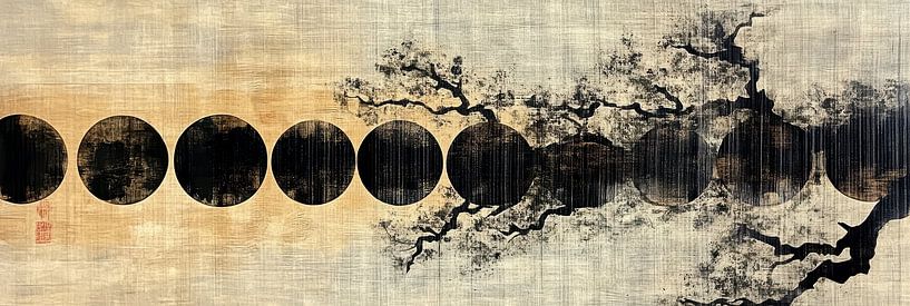 Ink circles and tree structures in balance Japandi panorama by Digitale Schilderijen