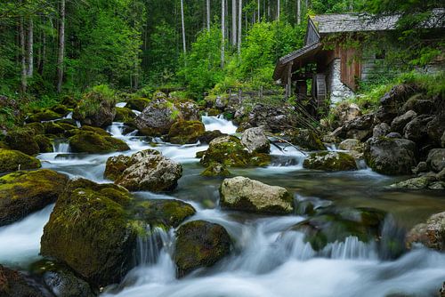 Oude watermolen aan een beek in de Alpen.