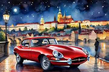 Rode Jaguar e-Type in Praag bij nacht