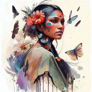 Floral Native Warrior Frau und Schmetterlinge