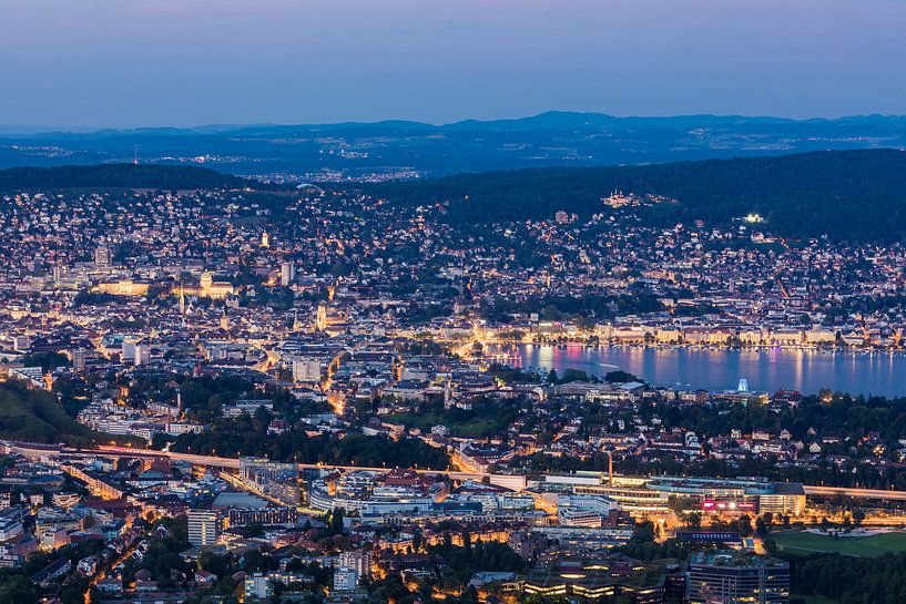 Uitzicht van Uetliberg naar Zürich en 's nachts het meer van Zürich. van Werner Dieterich