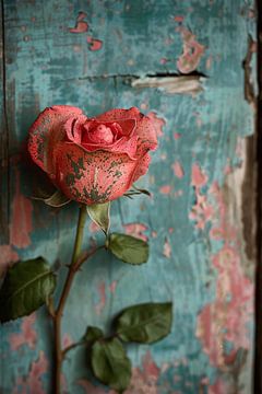 Een Roze Roos Tegen Verweerd Hout van Art & Soul Creations