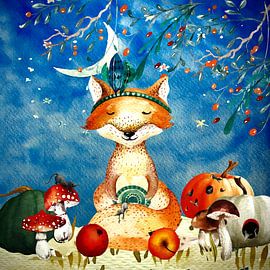 Illustration nocturne du renard en automne sur Floral Abstractions