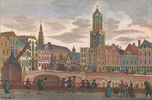 Gezicht op de Vismarkt te Utrecht, gezien richting het Stadhuis en de Domtoren, Georg Balthasar Prob