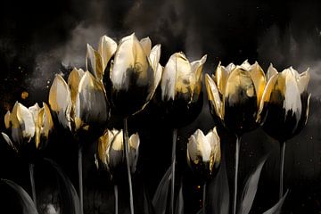 Tulips Painting | Gold Black Painting | Abstract by AiArtLand
