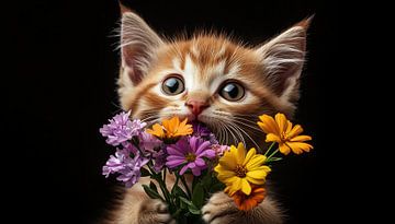 Oranje kat kleurrijke bloemen panorama van TheXclusive Art