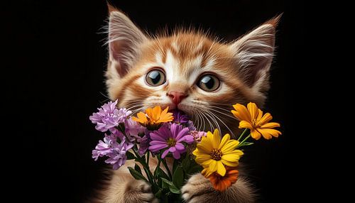 Orange Katze bunte Blumen Panorama