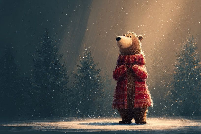 Ours en écharpe rouge Silence d'hiver dans la forêt par Eva Lee