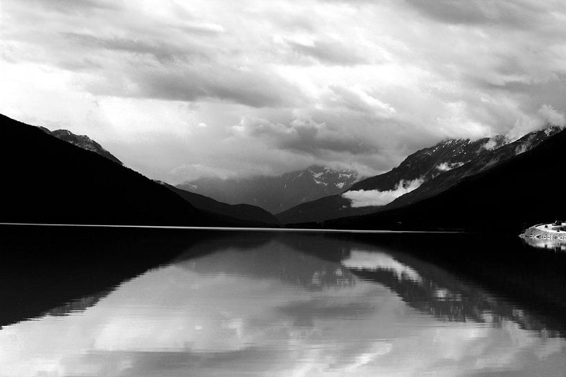 Black and white photo of mountains and a car at Moose Lake, Canada by Phillipson Photography