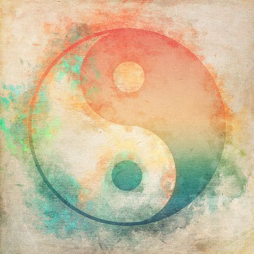 Yin-Yang symbool in perzikoranje en turkoois op beige