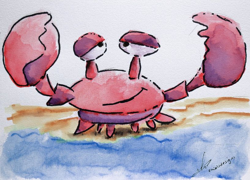 Mignonne illustration à l'aquarelle d'un crabe joyeux. Dessin humoristique pour une chambre d'enfant par Emiel de Lange