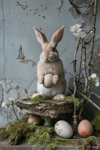 Nature morte d'un lapin avec des œufs et des branches avec des fleurs