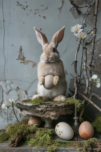 Stilleven van een konijn met eieren en  takken met bloemen