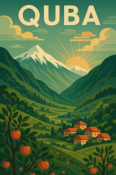 Quba Azerbaijan Landscape Print – Mountains & Apple Orchard Art by Travel Shop