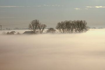 Landschap met een deken van mist in de vroege ochtend van Abra van Vossen