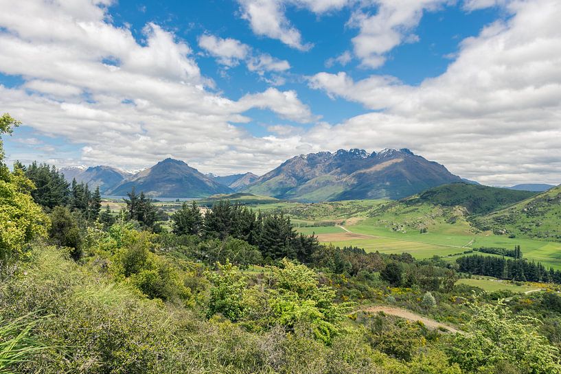 Uitzicht op de groene bergen in Nieuw-Zeeland van Linda Schouw