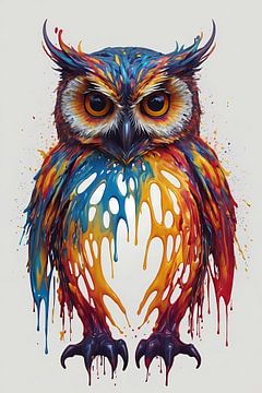 Oeuvre d'art abstraite colorée et vibrante représentant un hibou sur De Muurdecoratie