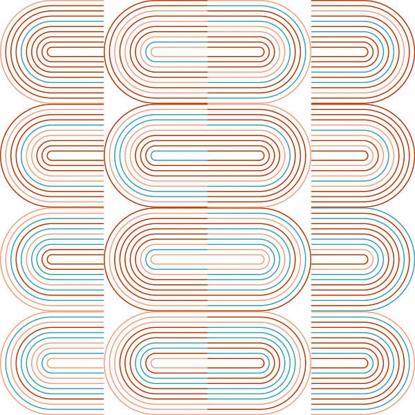 Retro-Industriegeometrie mit Linien in Pastellfarben Nr. 2 in Blau, Rot, Rosa von Dina Dankers