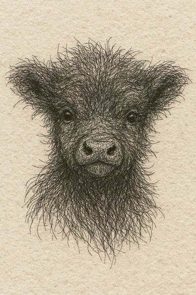 Draad portret jonge Schotse Hooglander (kalf baby koe zacht pluizig schattig lief kinderkamer) van Natalie Bruns