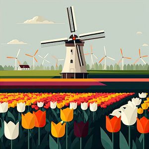 Minimalistisch Nederlands tulpenveld met een molen van Vlindertuin Art