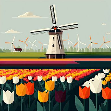 Minimalistisch Nederlands tulpenveld met een molen van Vlindertuin Art